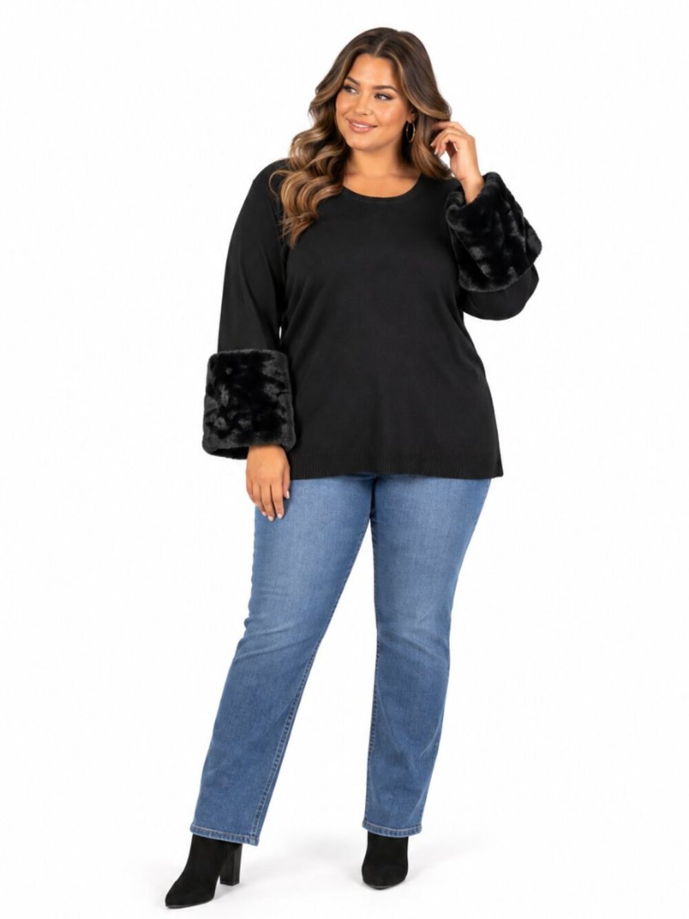 NWT Ashley Stewart 18/20 Black Sweater Faux Fur Cuffs Plus Size